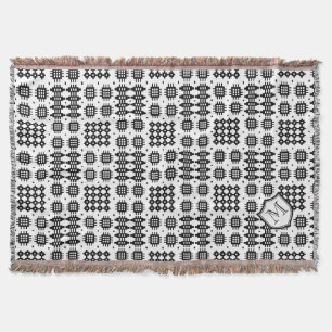 Black, White Faux Welsh Tapestry with Monogram Throw Blanket