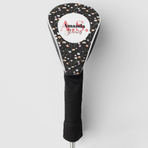 Black White Field Flower Pattern Modern Monogram  Golf Head Cover