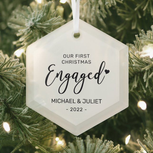 Black & White First Christmas Engaged Couples Glass Ornament (Insitu)