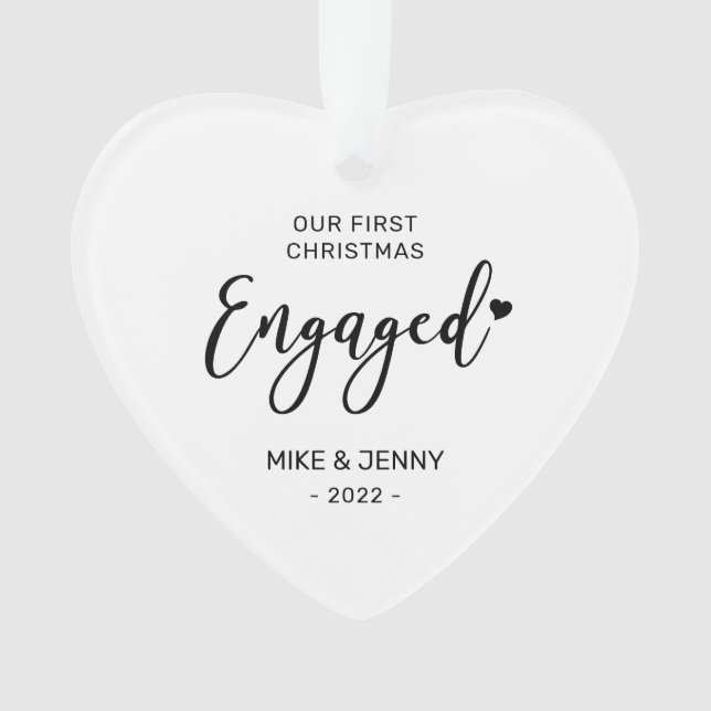 Black & White First Christmas Engaged Heart Photo Ornament (Front)