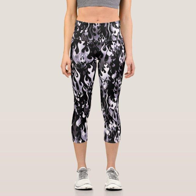 Black & White Flame Pattern Capri Leggings (Front)