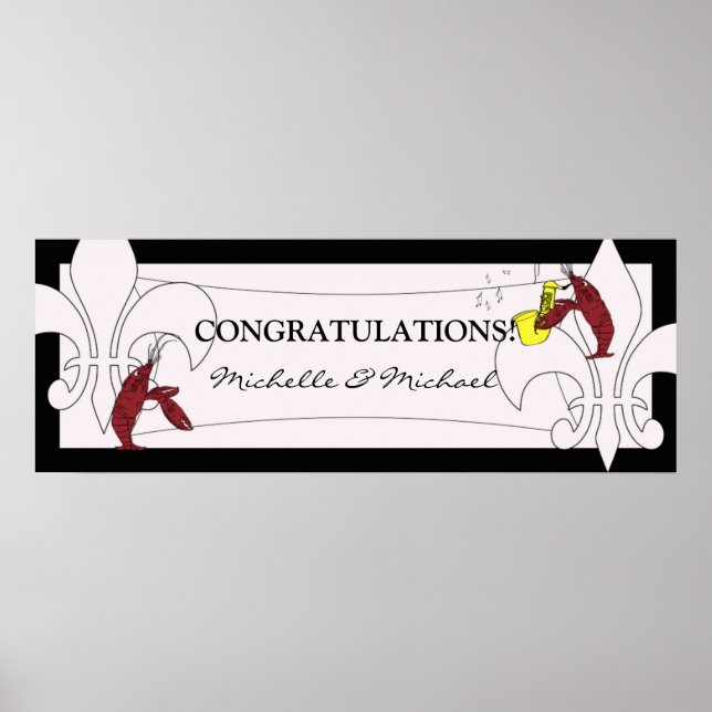 Black White Fleur de Lis Crawfish Party Banner Poster (Front)