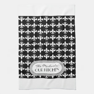 Black   White Fleur de Lis Monogram Pattern Kitchen Towel