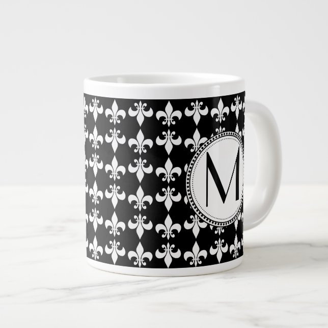 Black | White Fleur de Lis Monogram Pattern Large Coffee Mug (Front Right)