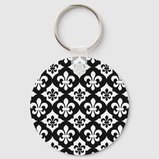 Black White Fleur De Lis Pattern Keychain (Front)