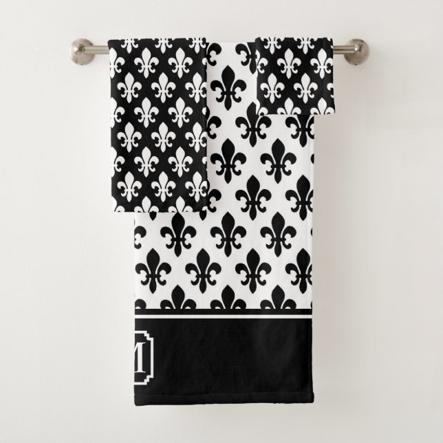 Black White Fleur De Lis Pattern Monogram Bath Towel Set (Insitu)