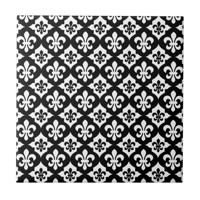 Black White Fleur De Lis Pattern Tile (Front)