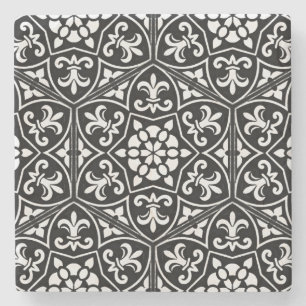 Black&white fleur de lis vertical floral pattern stone coaster