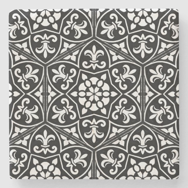 Black&white fleur de lis vertical floral pattern stone coaster (Front)