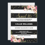 Black White Floral 16th Birthday Invitation<br><div class="desc">Looking for a bold sixteenth or sweet 16 birthday invitation? This design features white and black stripe pattern a faux gold heading two floral arrangements and some gold dots. The back of the invitation is black with a faux gold pot pattern. This design is a very striking way to invite...</div>