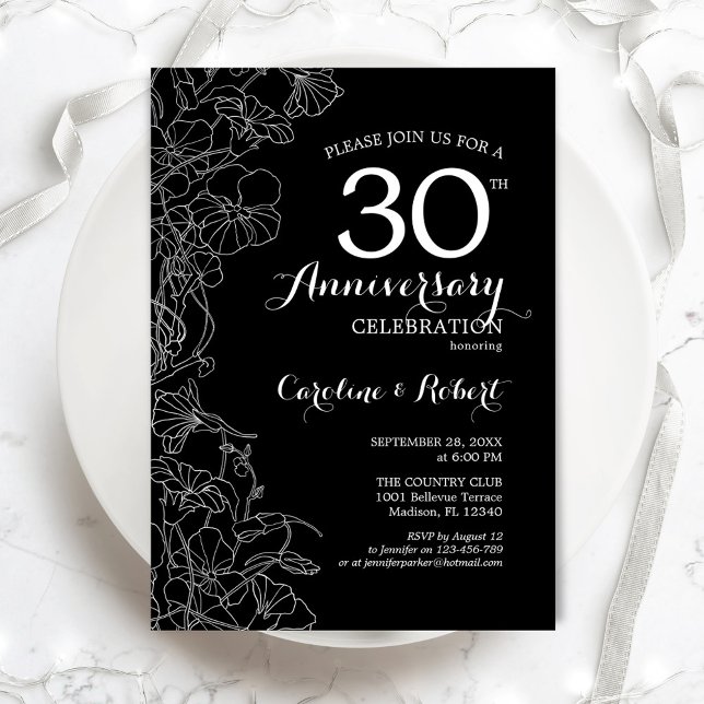 Black White Floral 30th Anniversary Invitation (Creator Uploaded)