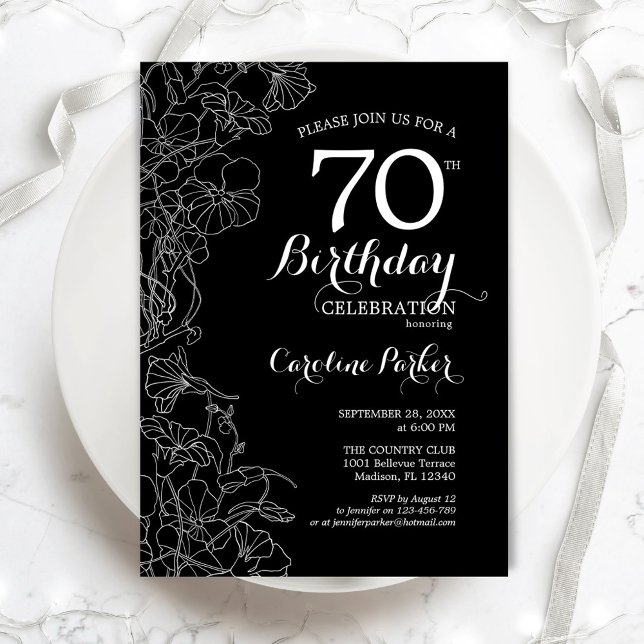 Black White Floral 70th Birthday Party Invitation (Creator Uploaded)