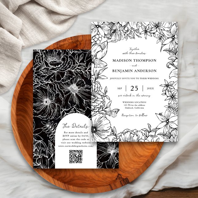 Black White Floral Arch RSVP QR Code Wedding Invitation (Creator Uploaded)