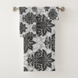Black-White Floral Bath Towel Set