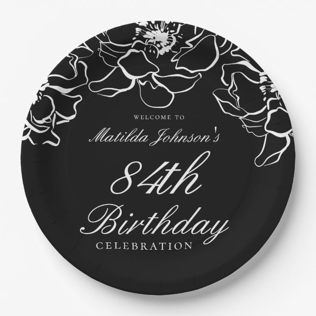 Black White Floral Birthday Party Paper Plate (Front)