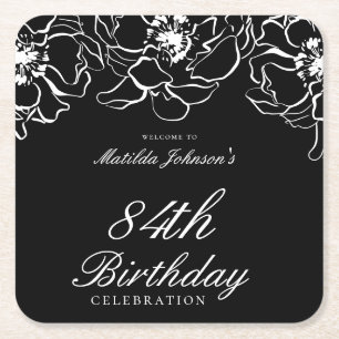 Black White Floral Birthday Party Square Paper Coaster