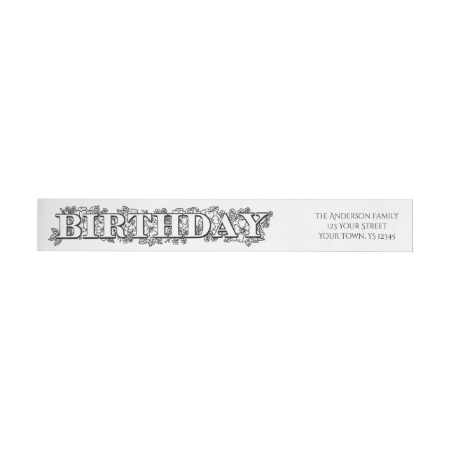 Black White Floral Birthday Wrap Around Label (Individual)