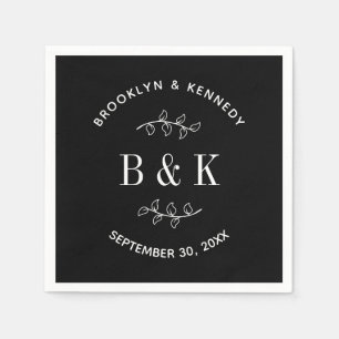 Black White Floral Botanical Monogram Couple Name Napkin
