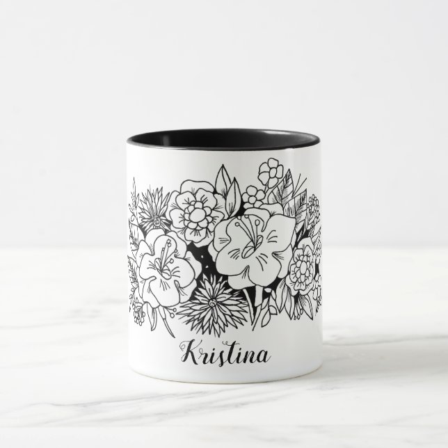 Black White Floral Botanical with Name Mug (Center)