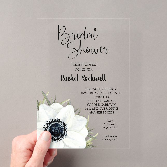 Black White Floral Bridal Shower  Acrylic Invitations (Insitu (Handheld))