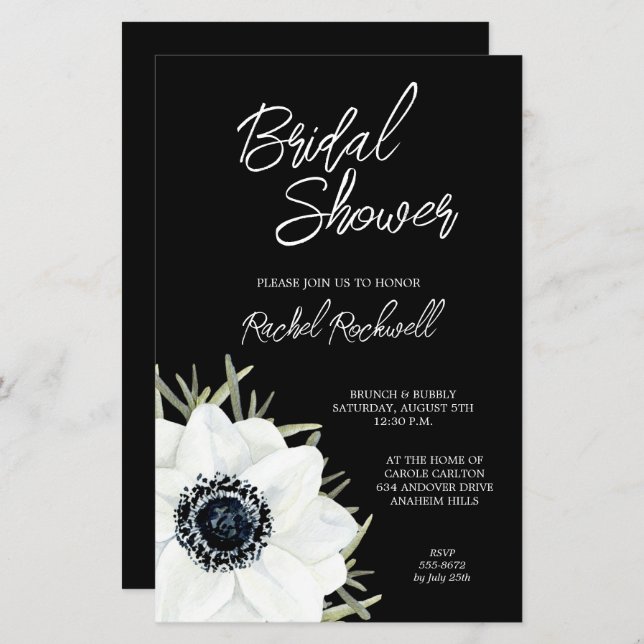 Black White Floral Bridal Shower Invitations (Front/Back)