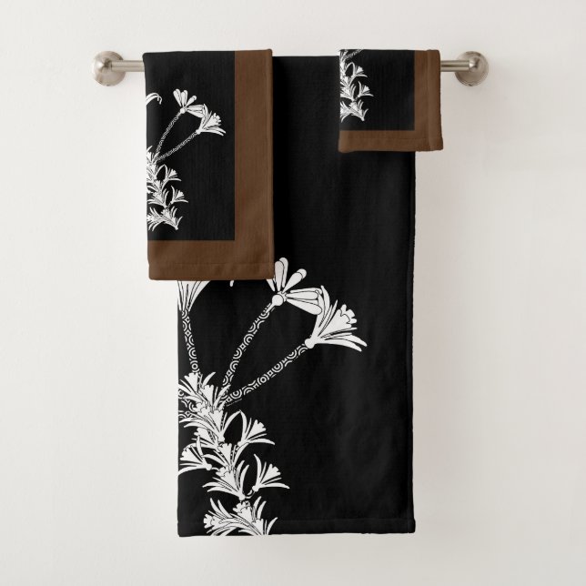 Black White Floral Brown Trim Towel Set (Insitu)