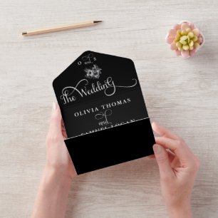 Black White Floral   Calligraphy Modern Wedding  All In One Invitation