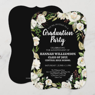 Black White Floral Class of 2021Graduation Party Invitation