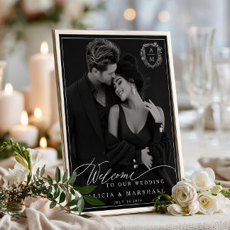 Black White Floral Crest Photo Wedding Welcome Poster