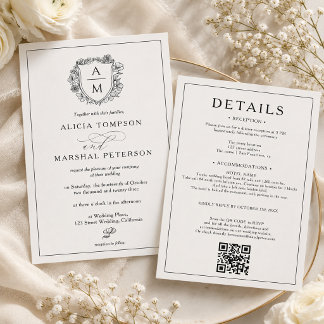 Black & White Floral Crest Qr Wedding All in one Invitation
