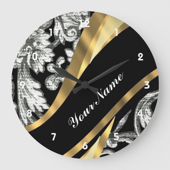 Black & white floral damask large clock (Front)