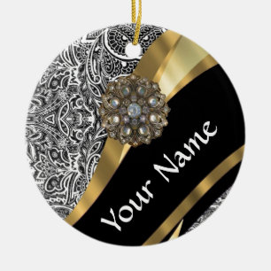 Black & white floral damask pattern ceramic ornament
