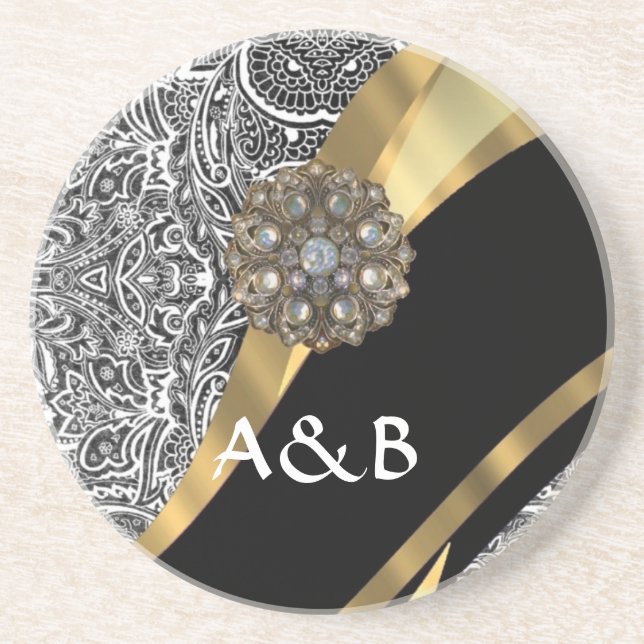 Black & white floral damask pattern coaster (Front)