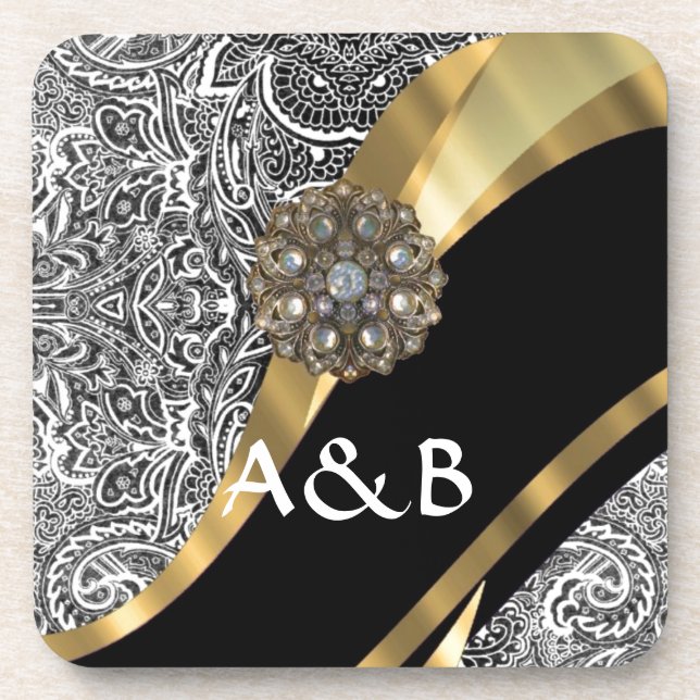 Black & white floral damask pattern coaster (Front)