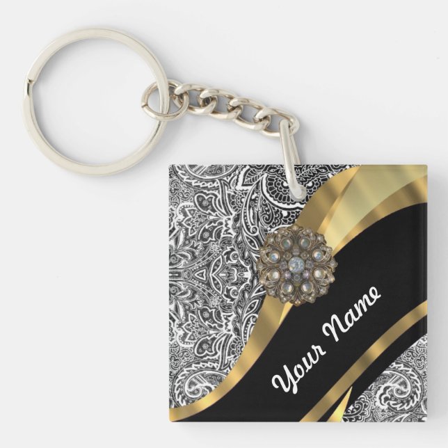 Black & white floral damask pattern keychain (Front)