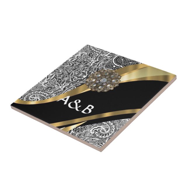 Black & white floral damask pattern tile (Side)