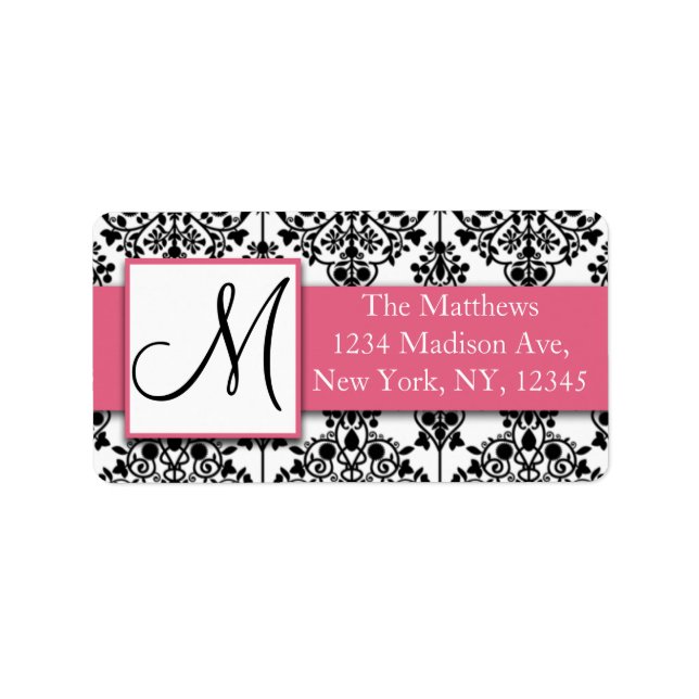 Black White Floral Damask Pink Address Label (Front)