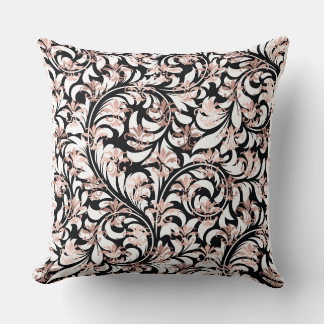 Black & White Floral Damask Throw Pillow 16"x16" (Front)