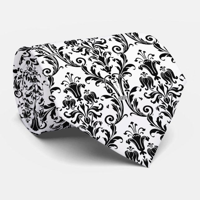 Black White Floral Damask Tie (Rolled)