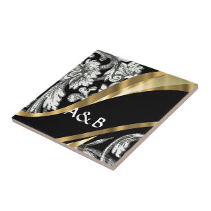 Black & white floral damask tile