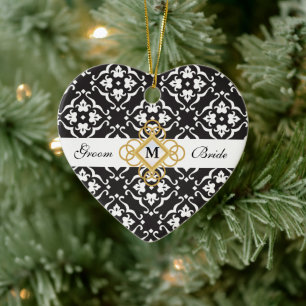 Black & White Floral Damask Wedding Keepsake Ceramic Ornament