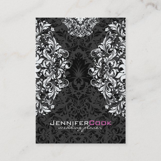 Black & White Floral Damasks 2 Wedding Planner Business Card (Front)