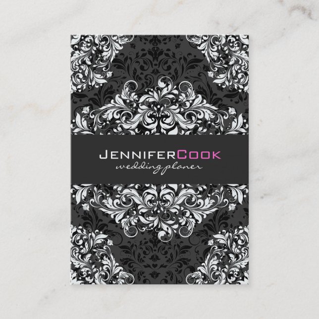 Black & White Floral Damasks 3 Wedding Planner Business Card (Front)