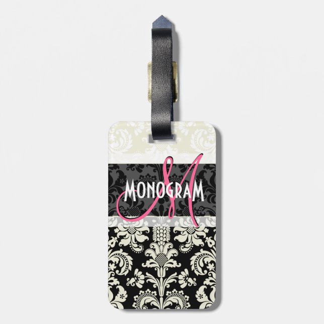 Black & White Floral Damasks Customized Luggage Tag (Back Vertical)