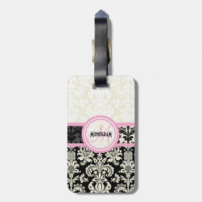 Black & White Floral Damasks Customized Luggage Tag (Back Vertical)