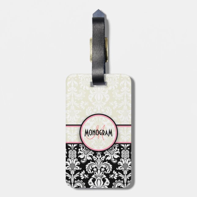 Black & White Floral Damasks Customized Luggage Tag (Back Vertical)