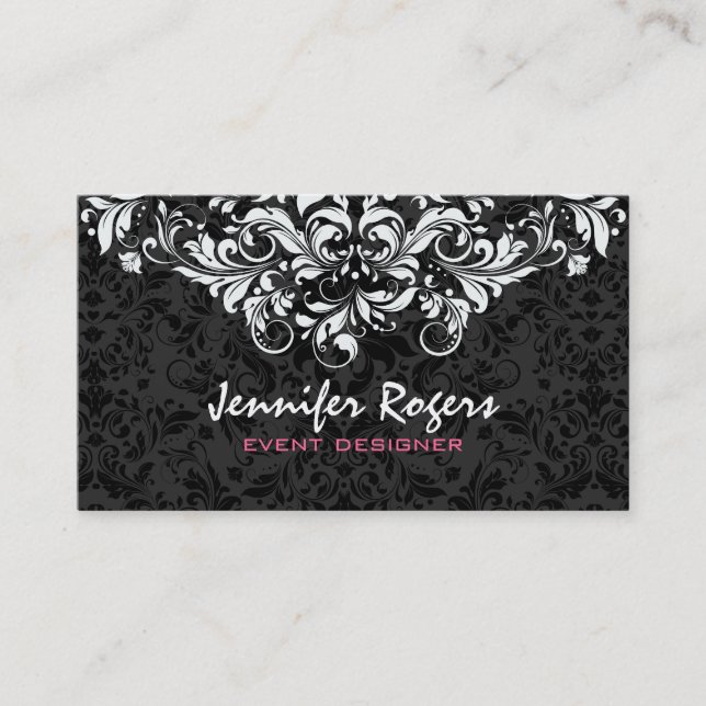 Black & White Floral Damasks Event Designer Business Card (Front)