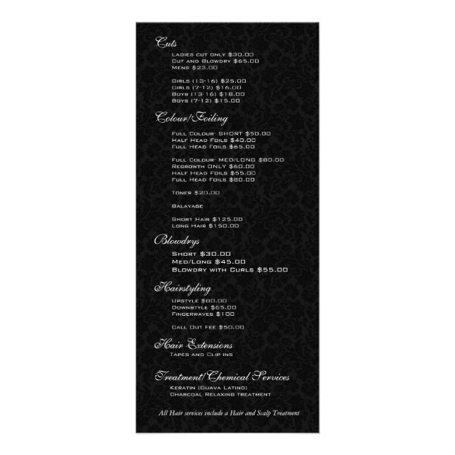 Black & White Floral Damasks Hairstylist Services Rack Card (Back)