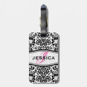 Black & White Floral Damasks Monogramed Luggage Tag
