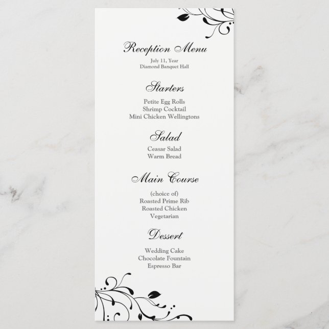 Black & White Floral Decal Reception Menu (Front)